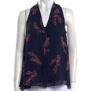 Derek Lam 10 Crosby Navy Flowy Floral Top With Pink Flowers
